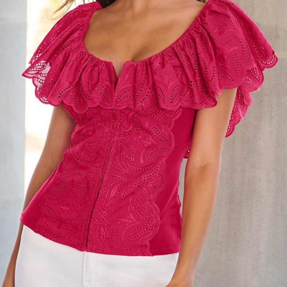 Eyelet Ruffle Zip Up Top